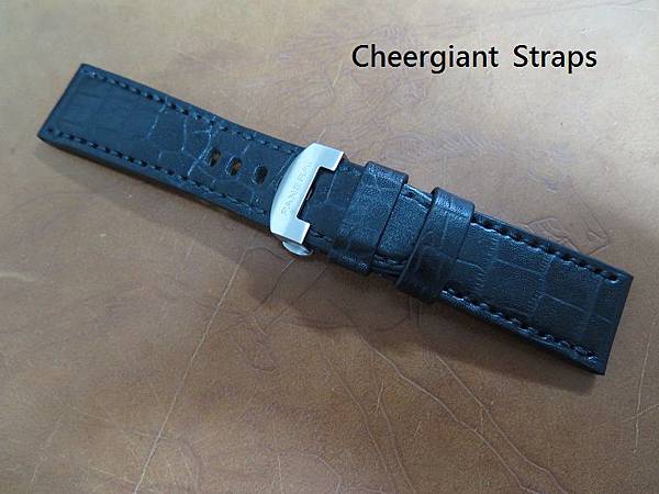 Panerai black crococalf deployant strap, 24x22mm, 75x115mm, thick 5.5mm taper to 1.9mm, black stitch. 02