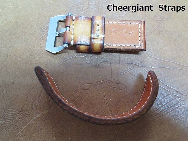 PAM127  tan vintage cvowskin strap, 27x26mm, 70x125mm, thick 5.0mm taper to3.8mm, cream stitch. 06