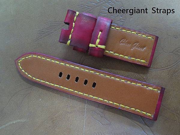 Panerai red vintage cowskin strap, 24x24mm, 70x115mm, thick 4.5mm taper to 4.0mm, yellow stitch. 03