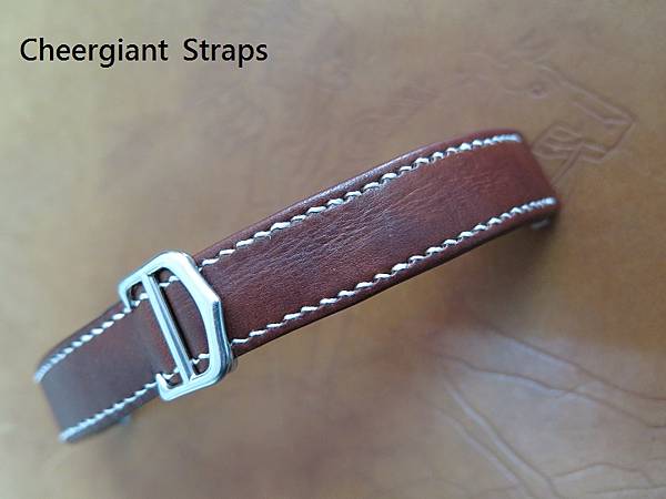 Cartier Roadster chocolate brown grained cowskin strap, 19x18mm, 110x110mm, thick 6.3mm taper to 1.4mm, white stitch. 10