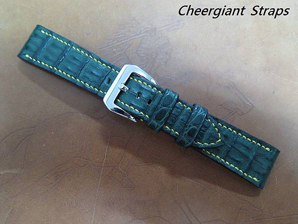 Buran Stingray dark green little horn croco strap, 24x20mm, 85x133mm, thick 5.0mm taper to 3.0mm, yellow stitch.01 .JPG