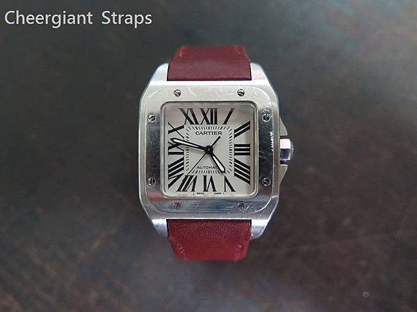 Cartier Santos 100 Burgundy leather strap, 22.5x20mm, 105x105mm, thick 6.0mm taper to 1.5mm, red stitch.01.JPG