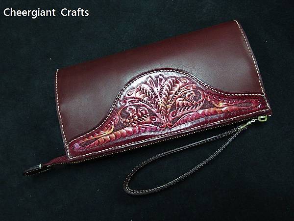 唐草圖案A 紅色手拿皮包長皮夾 Red arabesque pattern A, leather hand bag long wallet.02.JPG