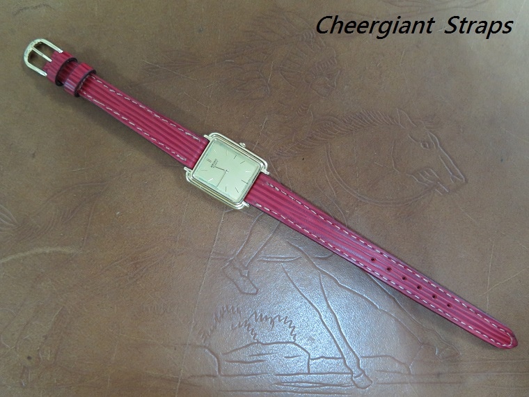 SEIKO red Italian rippled cowskin strap,12x9mm,68x110mm, thick 3.2mm taper to 2.2 mm,cream stitch.01  .JPG