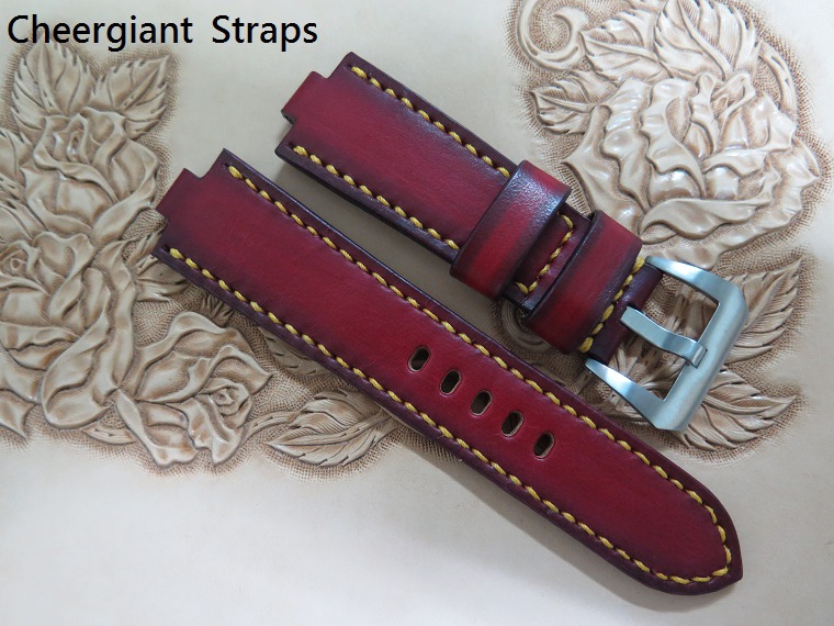 ORIS TTI  red vintage leather strap,26(10x4.5)x22mm,83x130mm,thick 5mm taper to 3.5mm,yellow stitching.03.JPG
