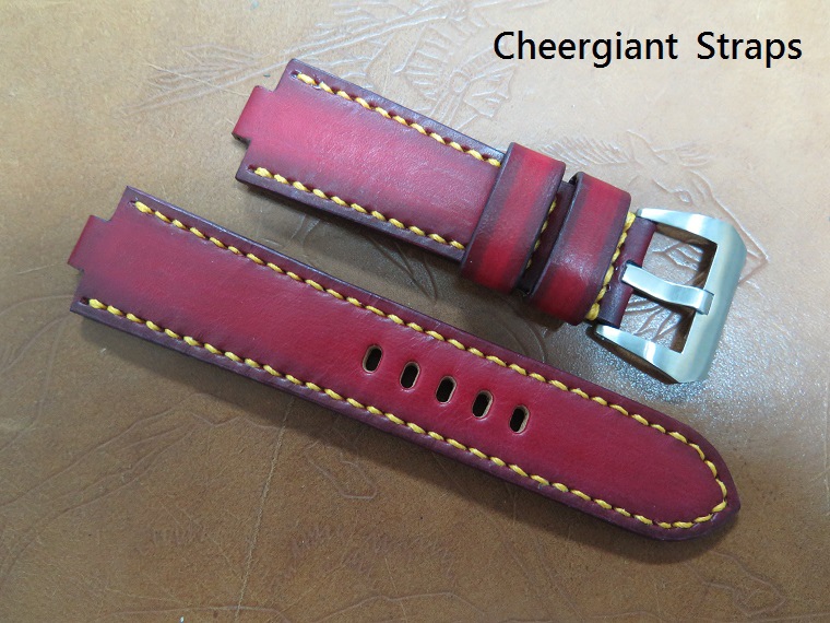 ORIS TTI  red vintage leather strap,26(10x4.5)x22mm,83x130mm,thick 5mm taper to 3.5mm,yellow stitching.06.JPG