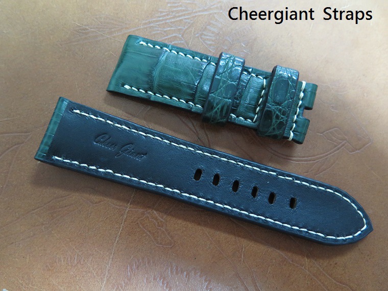 Panerai dark green padded crocodile strap,24x22mm,75x120mm,thick 6.5mm taper to 3.8mm,cream stitching.05.JPG