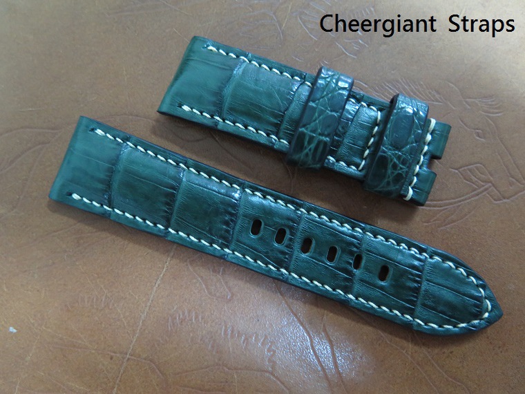 Panerai dark green padded crocodile strap,24x22mm,75x120mm,thick 6.5mm taper to 3.8mm,cream stitching.04.JPG