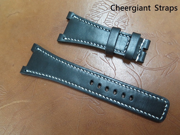 IWC Ingenieur Mission Earth black leather strap,30x20mm,75x125mm, thick 4.5mm taper to3.3mm,white stitch.01 .JPG