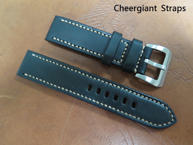 Omega Speedmaster Mark 4.5 black vintage leather strap,22x22mm,80x125mm,thick 4.5mm taper to 3.8mm,cream stitching.01 .JPG
