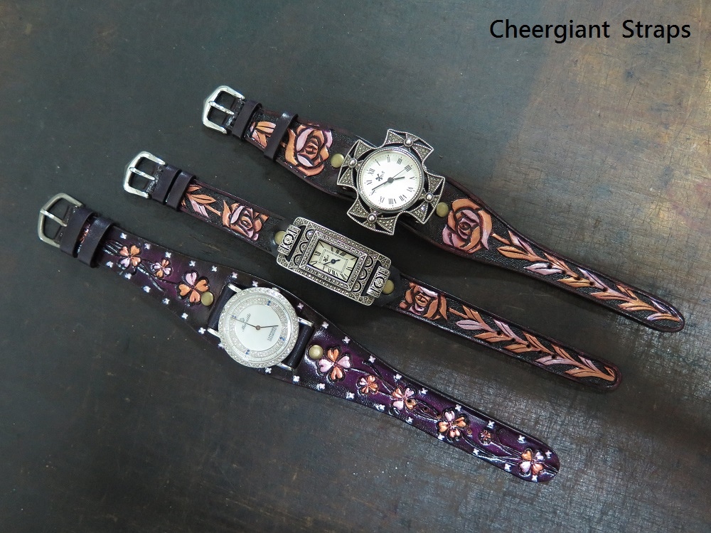 Three purple hand carved pattern leather straps. 01 .JPG