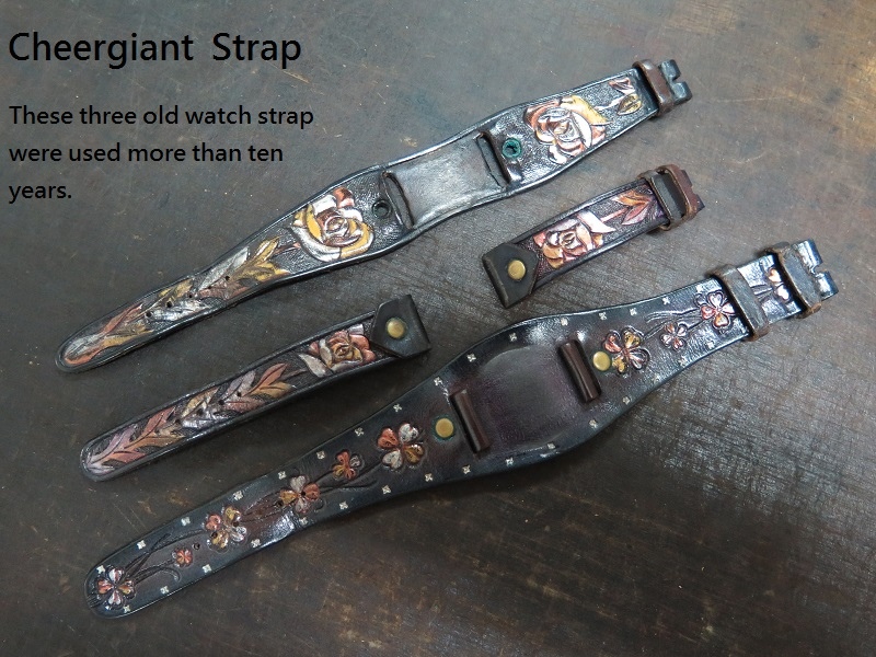 Three purple hand carved pattern leather straps which have been used more than 10 years. .JPG