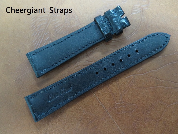 Girard Perregaux 1945 vintage watch padded black croco strap,20x16mm,80x115mm,thick 7.0mm taper to 3.0mm,black stitch.03.JPG