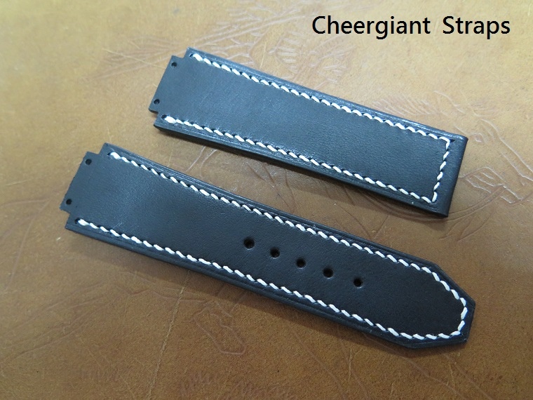 HUBLOT soft black leather strap,25(17x2.1)x22mm,83x105mm,thick 4.0mm taper to 1.8mm,white stitching.01 .JPG