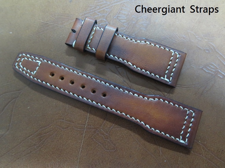 IWC Big Pilot honey brown vintage leather,22x18mm,70x115mm,thick 4.0mm taper to 2.8mm,cream stitch.01 .JPG