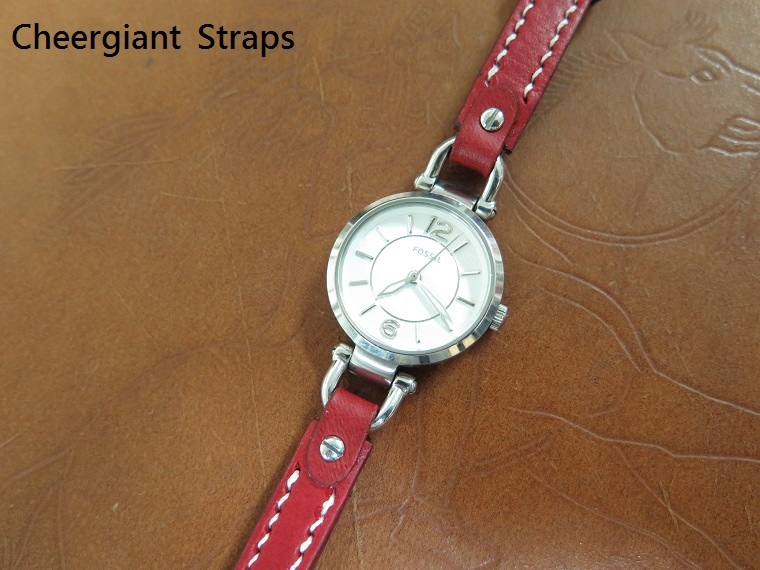 FOSSIL red saddle calf skin strap,10x10mm,55x95mm, thick 2.9mm taper to 2.7mm,white stitching.02.JPG