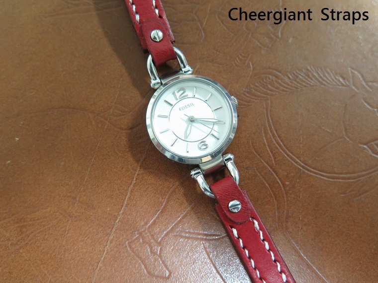 FOSSIL red saddle calf skin strap,10x10mm,55x95mm, thick 2.9mm taper to 2.7mm,white stitching.10.JPG