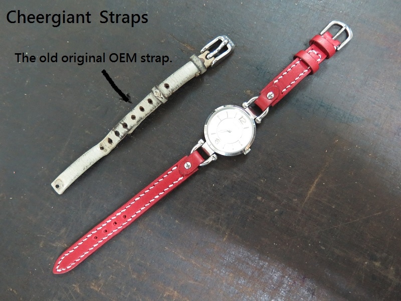 FOSSIL red saddle calf skin strap,10x10mm,55x95mm, thick 2.9mm taper to 2.7mm,white stitching.JPG