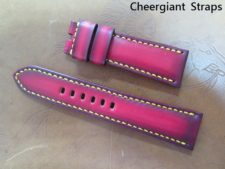 Panerai PAM423 red vintage leather strap, 26x22mm,85x135mm, thick 6mm taper to 3.0mm,yellow stitching. 01 .JPG