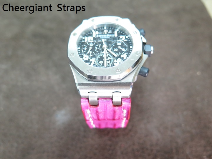 AP ROO (Ladies) pink little horn crocodile strap, 23x18mm, 53x105mm, thick 5.0mm taper to 2.5mm, white stitch. a.JPG