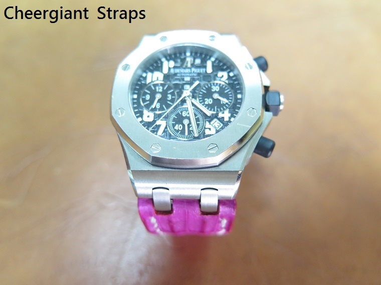 AP ROO (Ladies) pink little horn crocodile strap, 23x18mm, 53x105mm, thick 5.0mm taper to 2.5mm, white stitch. b.JPG