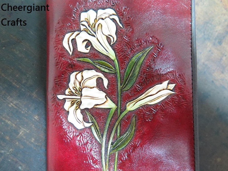 Lily passport leather wallet hand carved pattern. 02.JPG