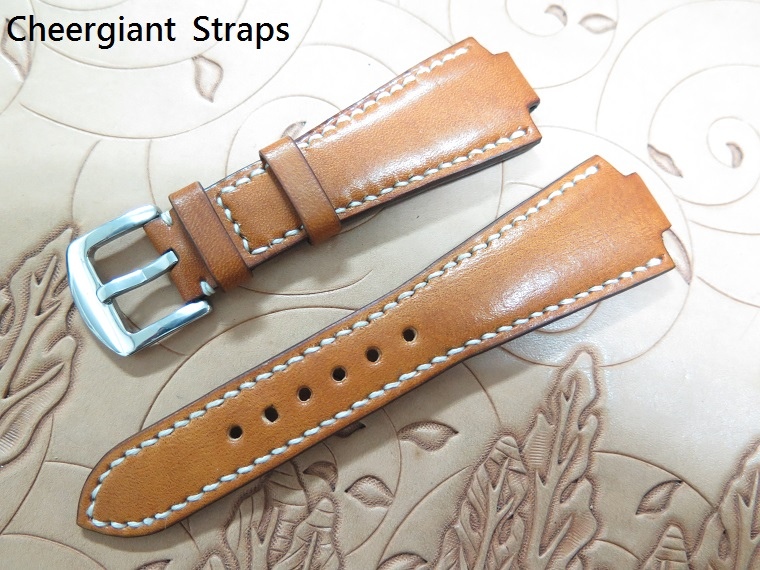 Oris notch style padded tan vintage leaher strap, 26(12)x16mm,75x115mm, thick 5.5mm taper to 2.6mm, white stitching.05.JPG