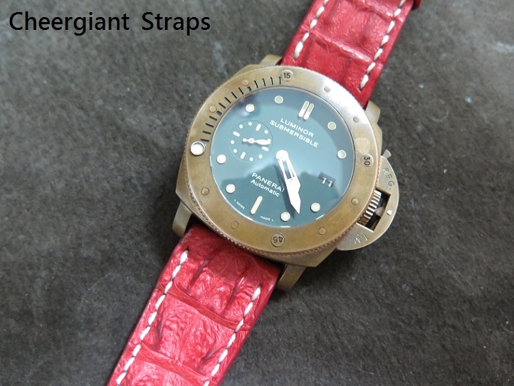 Panerai red big horn crocodile strap,26x22mm,72x115mm, thick 6.5mm taper to 1.9mm,white stitching.11.JPG