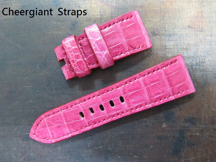 Panerai PAM 380 pink crocodile strap, 26x22mm,58x110mm, thick 4.3mm taper to 3.0mm, red stitching.02.JPG