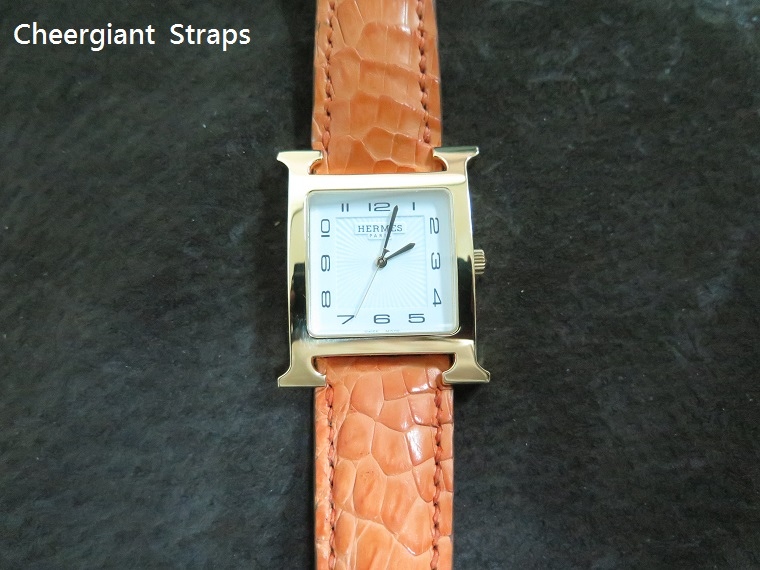 Hermes padded orange crocodile strap,22.8x17mm,80x145mm,thick 5.0mm taper to 2.8mm,match stitching.02.JPG