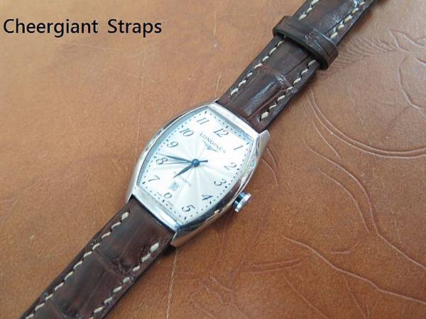 Longines dark brown padded croco strap, 14x14mm, 65x110mm, thick 4.0mm taper to 2.4mm, cream stitch. 05.JPG