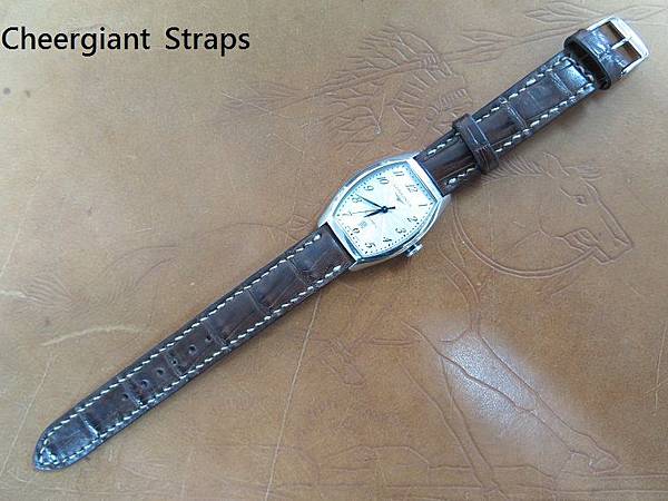 Longines dark brown padded croco strap, 14x14mm, 65x110mm, thick 4.0mm taper to 2.4mm, cream stitch. 04.JPG