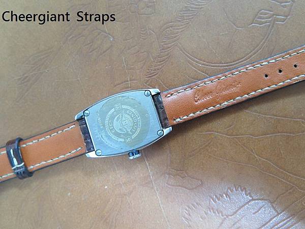 Longines dark brown padded croco strap, 14x14mm, 65x110mm, thick 4.0mm taper to 2.4mm, cream stitch. 06.JPG