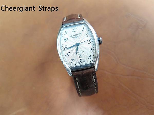 Longines dark brown padded croco strap, 14x14mm, 65x110mm, thick 4.0mm taper to 2.4mm, cream stitch. 09.JPG