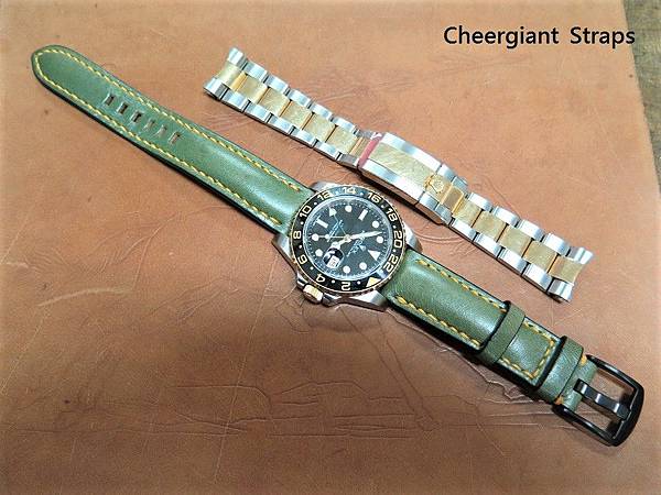 Rolex green padded leather strap, yellow stitching.02.JPG