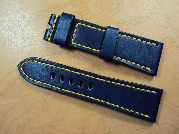 Custom A2056,  deployant strap, 26x22mm, 95x115mm, thick 4.5mm taper to 1.8mm, dark blue cowskin strap, yellow stitch. 01.JPG