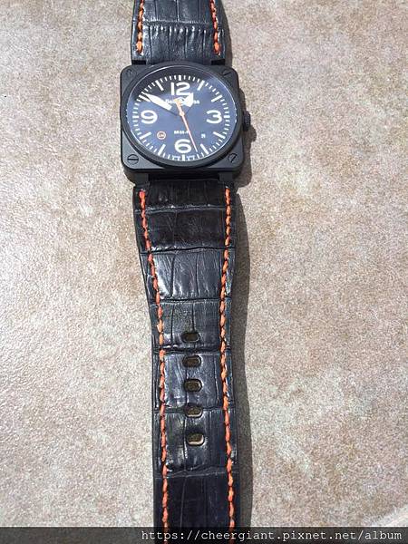 Bell & Ross BR-03 92 black crocodile strap, 24x24mm, 75x125mm, thick 4.5mm taper to3.8mm, orange stitch. 05 