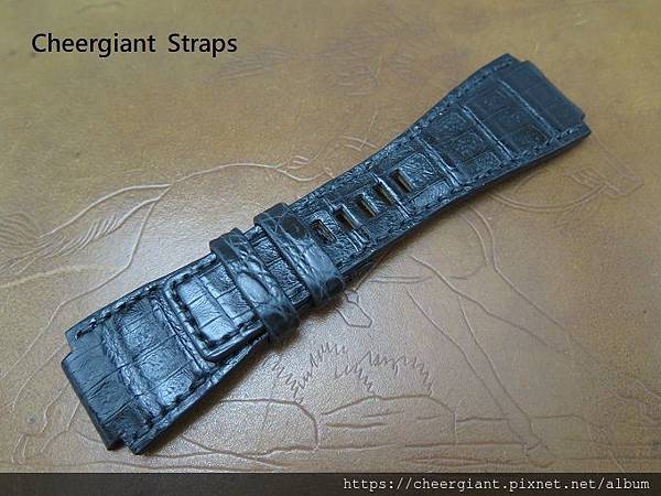 Bell & Ross BR01 black crocodile strap, 24x24mm, 75x125mm, thick 4.5mm taper to 3.0mm, black stitching. 01 