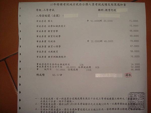 教育行政國考歷年上榜成績單範例 解析 97年三等特考金榜題名成績單 Jpg Chen508607的相簿 痞客邦