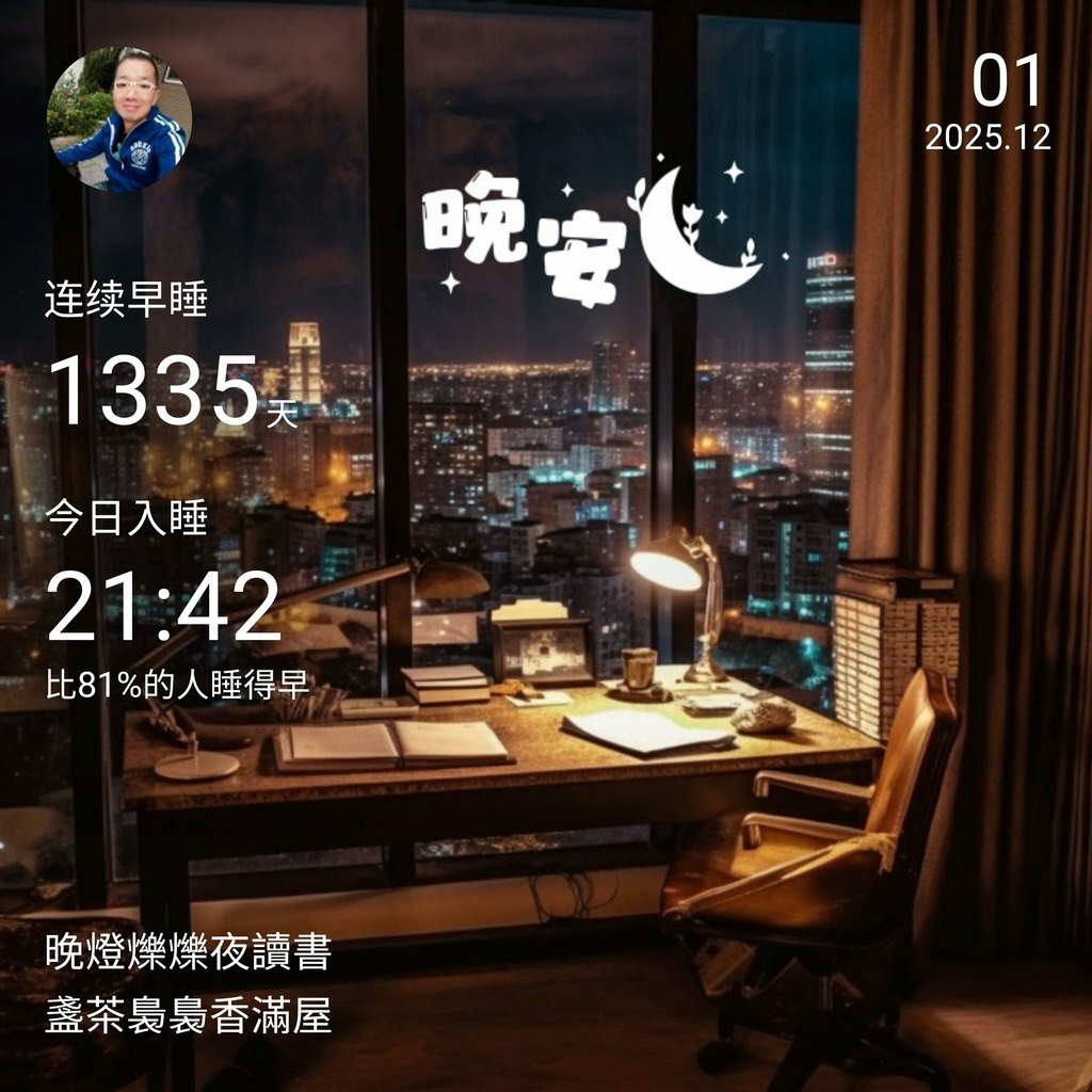 晚安打卡圖，2025.12.01，晚燈爍爍夜讀書，盞茶裊裊香滿屋