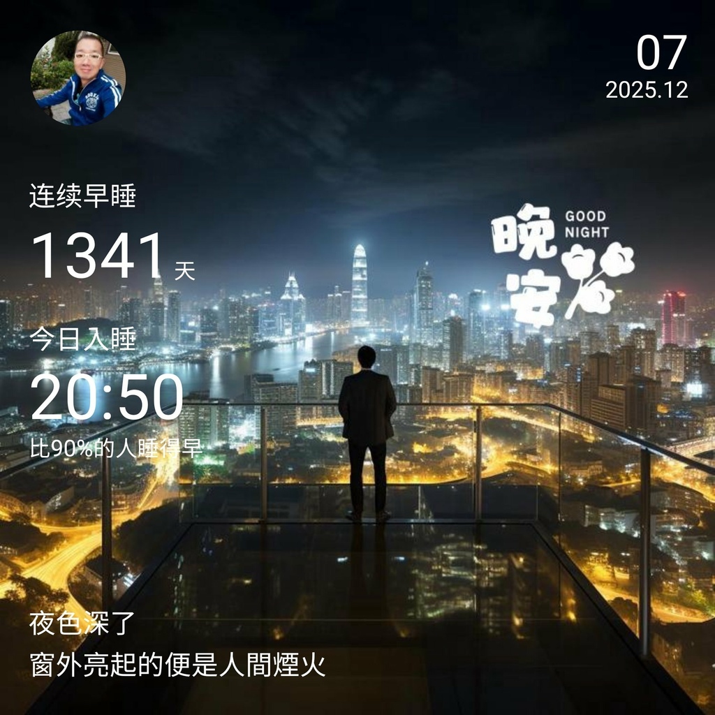 晚安打卡圖，2025.12.07，夜色深了，窗外亮起的便是人間煙火