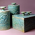 台灣原住民圖騰風 土耳其藍釉 蓋盒.蓋罐