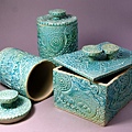 台灣原住民圖騰風 土耳其藍釉 蓋盒.蓋罐