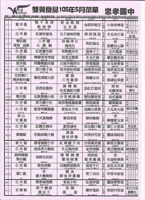 16年5月份營養午餐菜單 忠孝國中衛生組 痞客邦