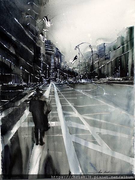 20211208107_黑亮如鏡．紐約I_Black Mirror NY_水彩與噴漆在紙上_Watercolor and aerograph on paper_57x76cm_20F_風景_瑪爾·阿拉貢_Mar Aragon_西班牙_2020.JPG