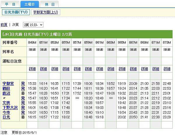 往日光土曜日時刻表
