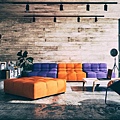 Orange-blue-sectional-sofa-藍色空間/藍色客廳配色參考