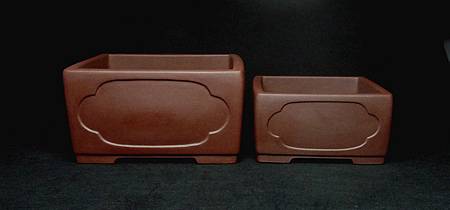 【盆缽收藏】 紫泥 -大小二件套 直口诲棠奎面正方盆10 1