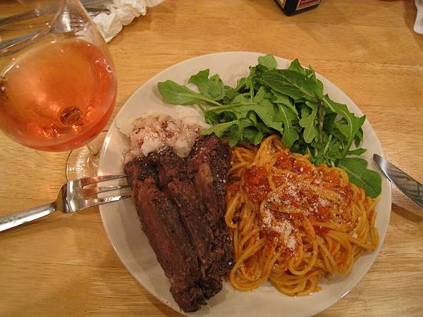 spaghetti, mashed potato, steak, salad & white zinfandel~