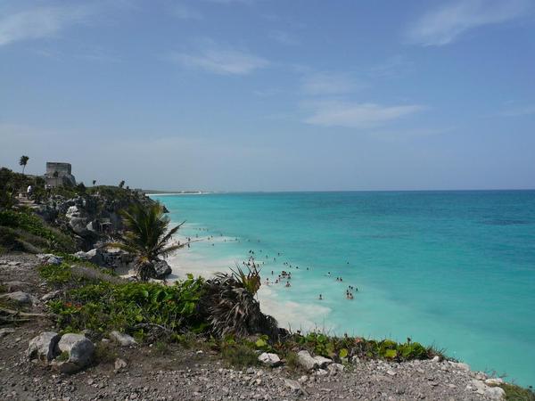 Caribbean water by the ruins, Tulum.JPG